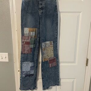 SO Women's High Rise Patchwork Jeans - Blue and Multicolor
